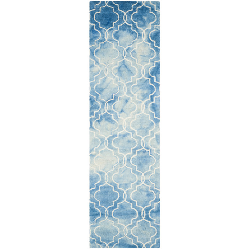 Berman Hand Tufted Wool/Cotton Geometric Rug in Ivory/Blue, Runner 2'3" x 12'