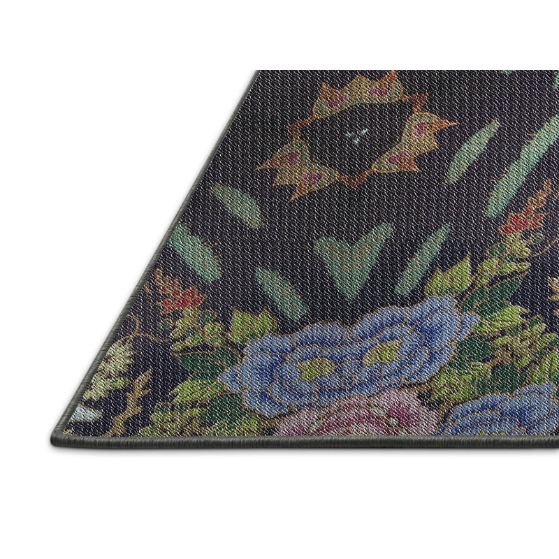 Tapis vert/bleu/gris tissé à la machine, Rectangle 5 pi x 7 pi