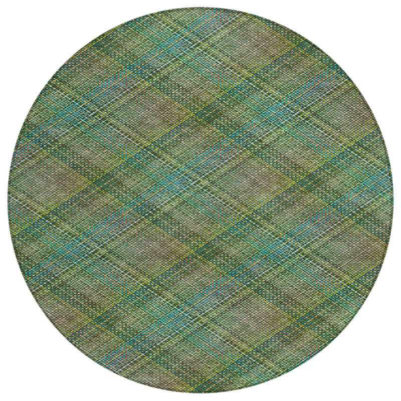 Machine Washable Indoor/Outdoor Chantille ACN2880 Plaid Rug, Green, 8' Round
