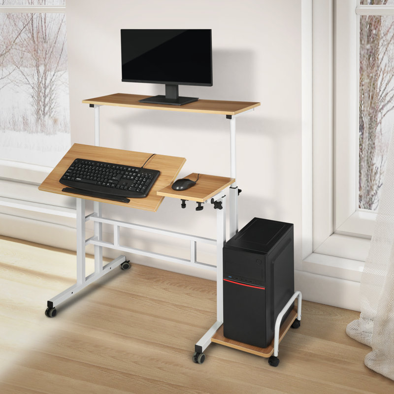 Mobile Computer Desk Workstation, Rolling Laptop Standing Table with Monitor Shelf and Host Rack, Natural/White