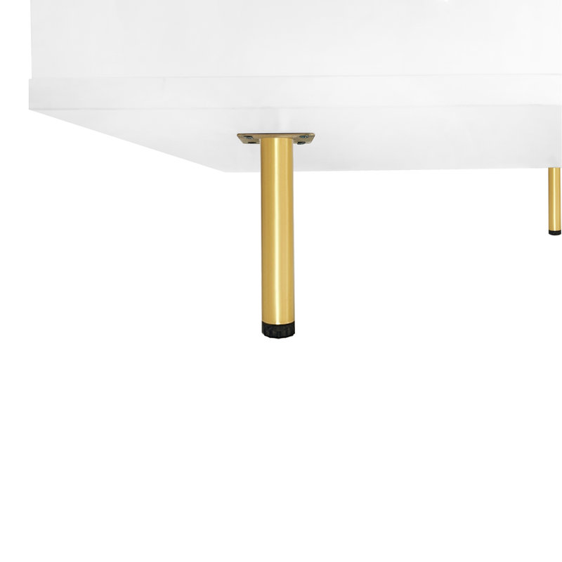 Table basse carrée ultra brillante avec 4 pieds dorés et 2 petits tiroirs, table centrale carrée à 2 niveaux pour le salon, blanc