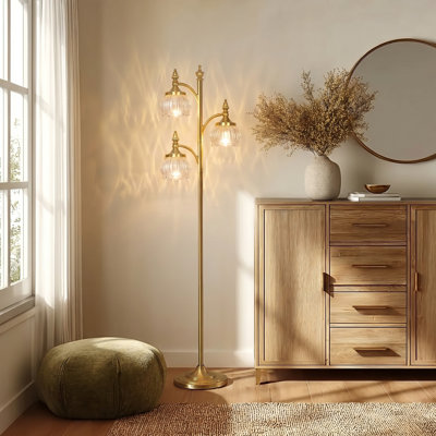 Lampe sur pied dorée pour le salon, grande lampe sur pied à arbre à intensité variable avec 3 lumières rotatives et abat-jour en verre avec abat-jour en verre de 66,5 po pour bureau de chambre à coucher (3 ampoules DEL incluses)