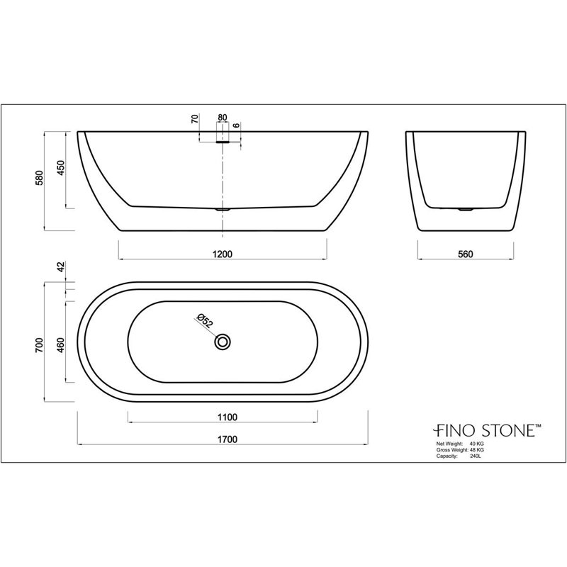 170mm x 58mm Freestanding Acrylic Bathtub