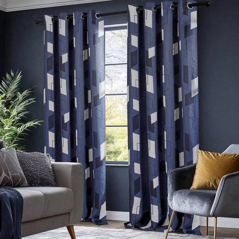 Total Blackout Grommet Thermal Insulated Curtains with Parallel Mirror Design (Set of 2), 42" W x 72" L, Blue