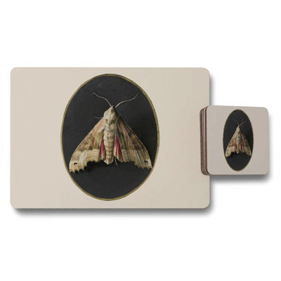 Beige Moth Artwork Placemat And Coaster Set With Circular Black Frame