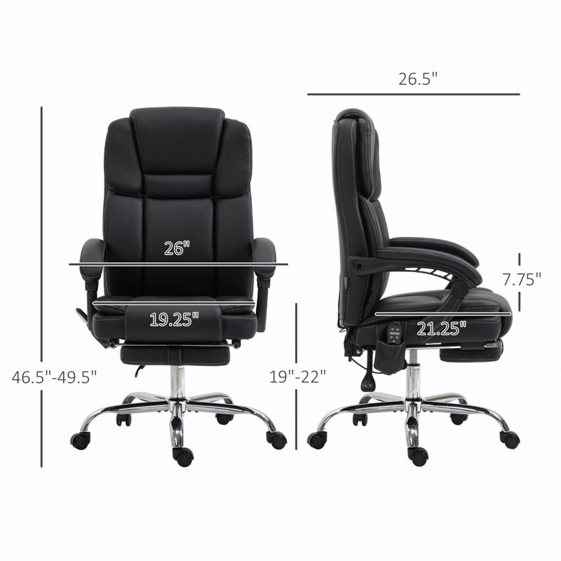Fauteuil de bureau inclinable et chauffant avec fonction de massage et 6 points de vibration, fauteuil en cuir PU inclinable et chauffant, noir