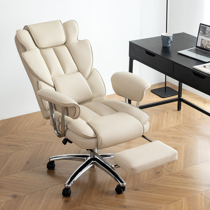 Chaise de bureau ergonomique inclinable avec repose-pieds - Cuir beige pour les grands espaces de travail