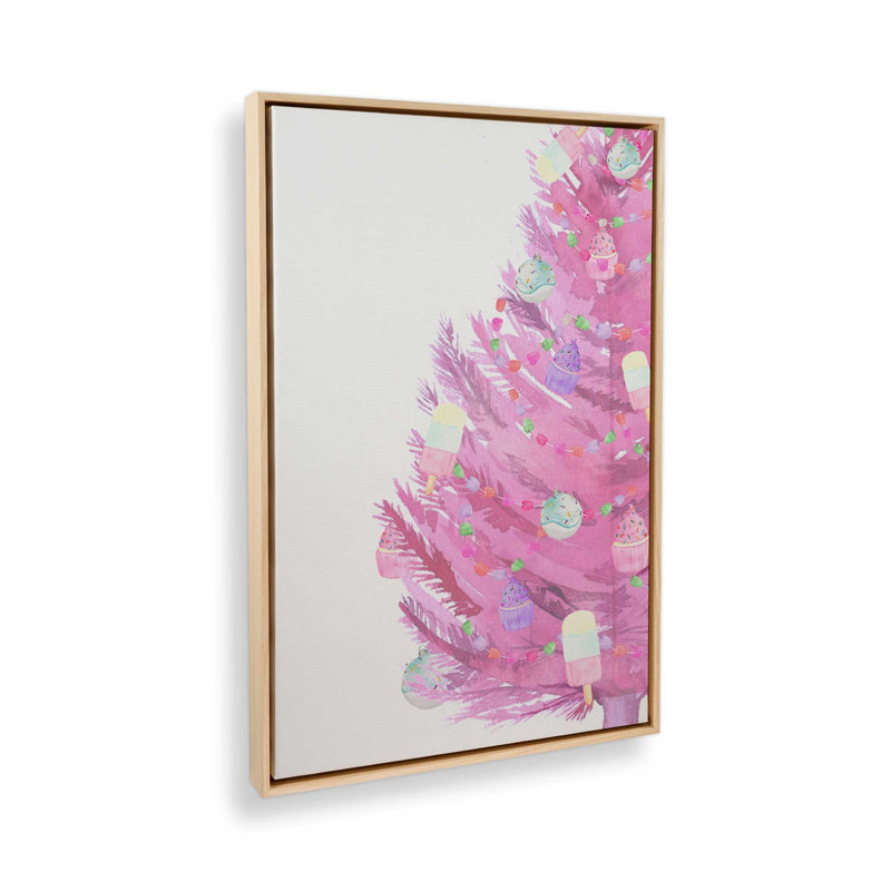 Reproduction d'arbre de Noël rose ludique sur toile, H 30,75 po x l 20,75 po, Cadre flottant brun