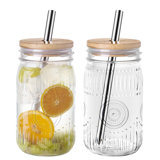 Vintage Mason Jars With Bamboo Lids And Stainless Steel Straws, Wide Mouth Quart Canning Jar, Reusable 32Oz Boba & Smoothie Cups (2Pack/Clear)