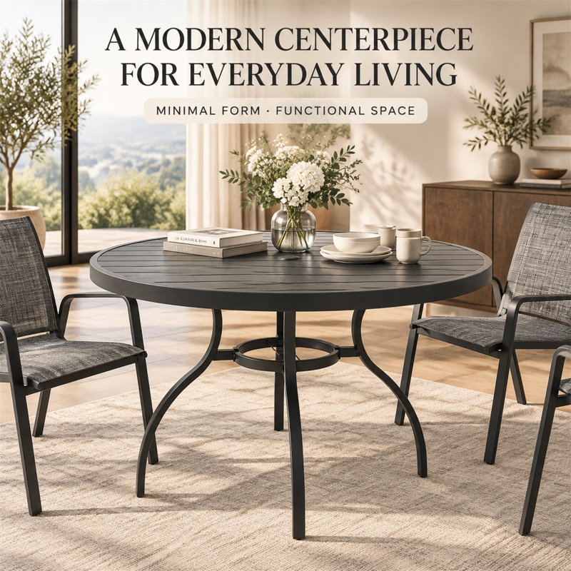Table de salle à manger ronde intérieure/extérieure de 104 cm (41 pouces), plateau à lattes imitation bois noir et structure en acier robuste, idéale pour une terrasse ou un jardin.