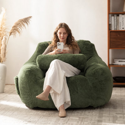 Oversize 46" Faux Fur Tufted Compression Bean Bag Chair with Pillow & Pocket, Memory Foam Filled