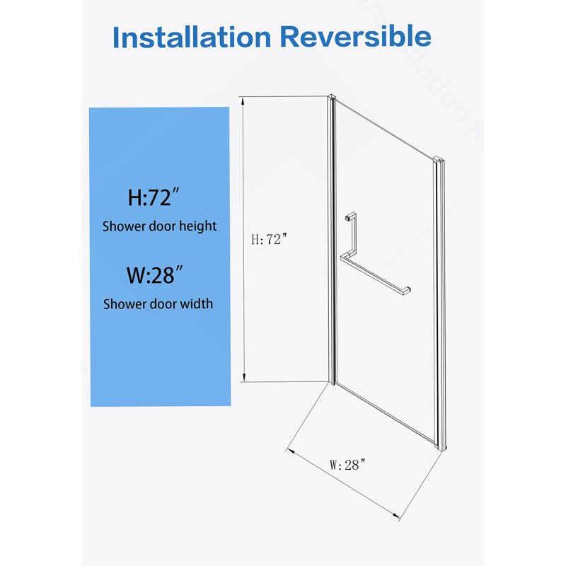 28" X 72" Semi-Frameless Pivot Shower Door, 1/4" Tempered Glass, Adjustable Width, Reversible Installation, Matte Black