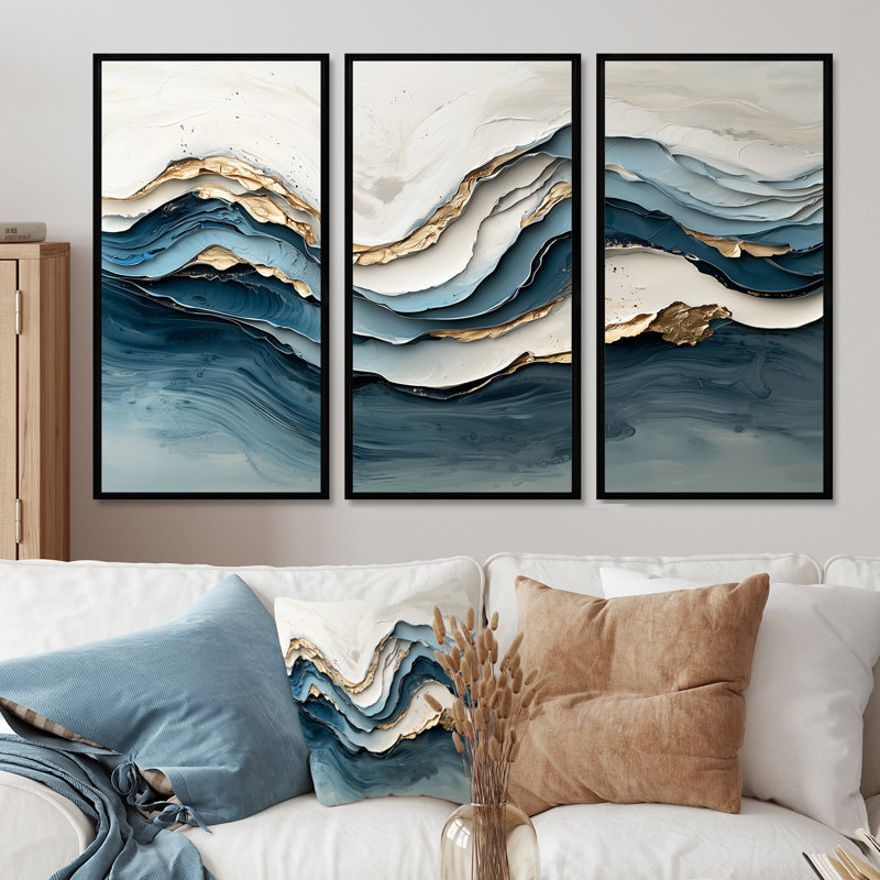 Marbre blanc et bleu, vague IV - ensemble d'art mural vagues côtières, H 28 po x l 36 po x P 1 po