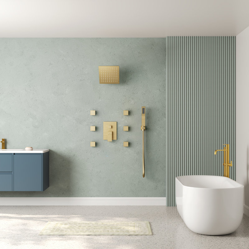 Pressure Balanced Shower System with 10" Rain Shower Head, Handheld Shower and Body Jet, Brushed Gold