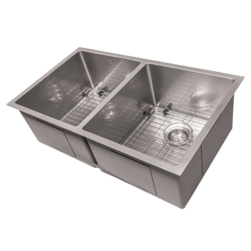 DuraSnow® ZLINE 33" Anton Undermount Double Bowl Fingerprint Resistant Stainless Steel Kitchen Sink with Bottom Grid