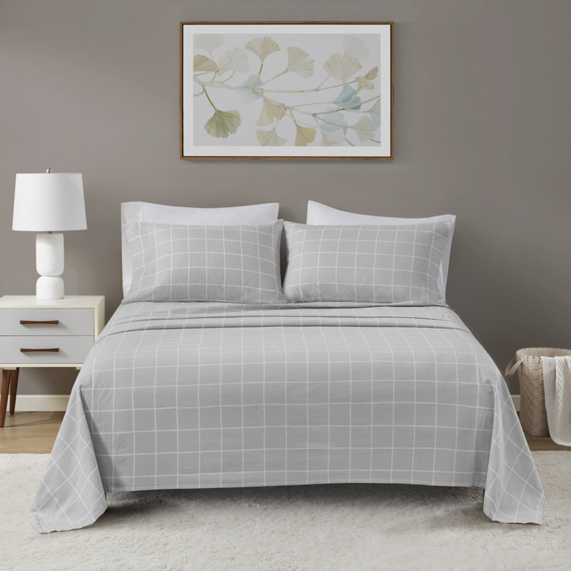 California King Grey Windowpane Cotton Flannel Sheet Set