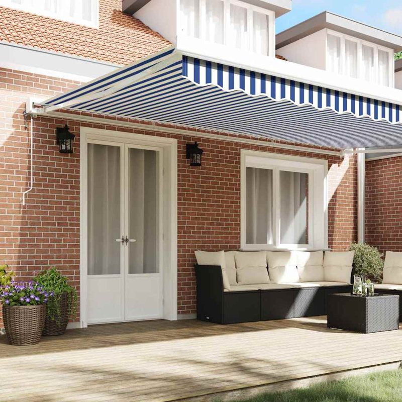 Ebern Designs Fabric Cover Retractable Patio Awning, Blue;White Striped, 500cm H x 300cm W
