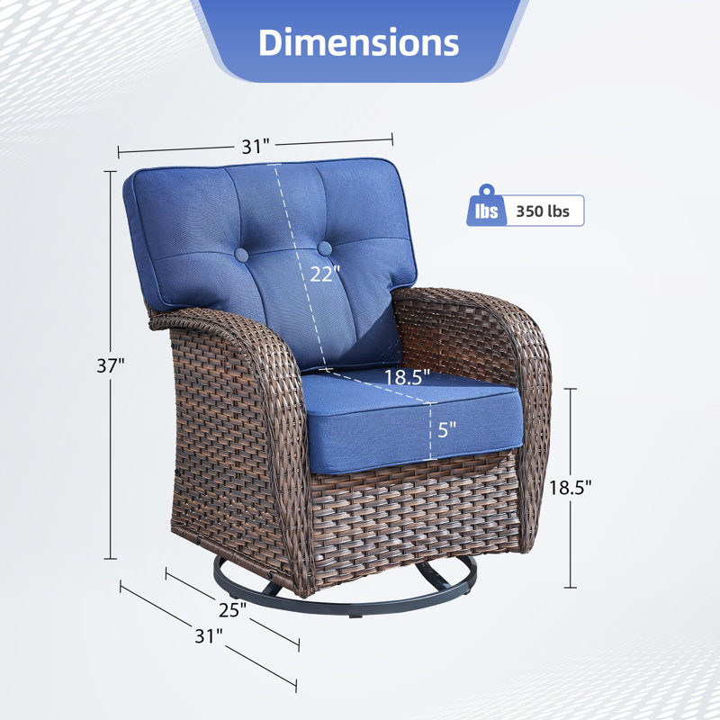 Ensemble de chaises berçantes et pivotantes pour l'extérieur en osier pivotant à 360 degrés, Bleu