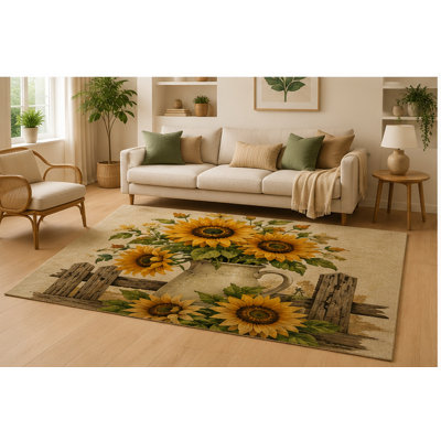 "Ulta Light Weight" 5'x7' Rustic Sunflower Farmhouse Area Rug for Living Room, Soft Low Pile Indoor Rug with Non-Slip Silicone Backing, Bedroom, Dining Room, Beige Yellow