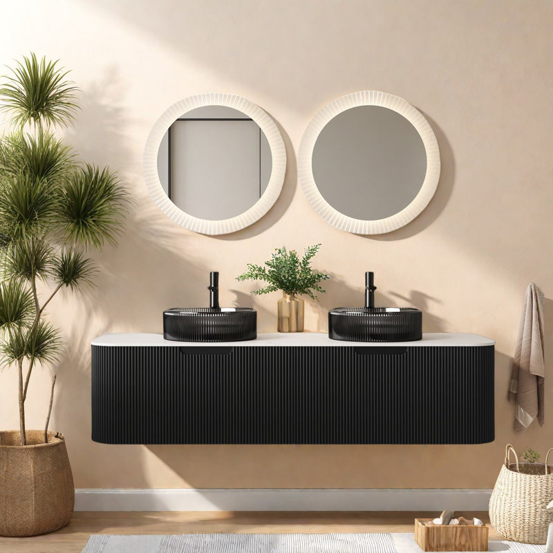 Meuble-lavabo mural moderne 60 po avec deux lavabos en verre, armoire noire