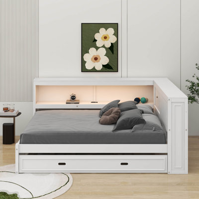 Full Size Wood Daybed With Shelves, LED And Trundle