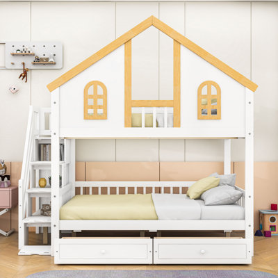 Lit superposé à deux tiroirs en bois avec escalier de rangement et tablettes
