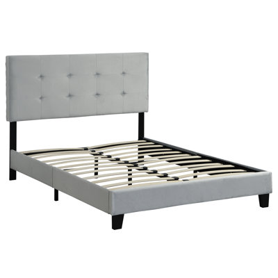 Structure de lit grand format avec tête de lit tapissier gris, support de lattes en bois robuste, sommier à matelas, facile à construire, sans sommier tapissier dans la base, assemblage simple, nécessaire