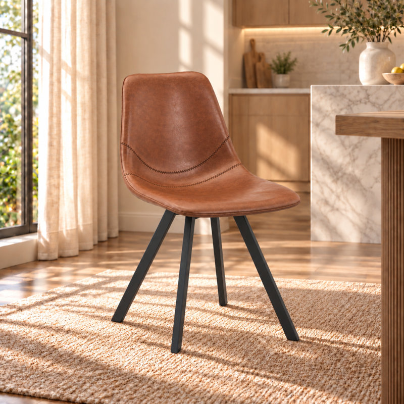 Annalise Mid-Century Modern Leather Dining Chair – Ergonomic Waterfall Seat & Powder-Coated Iron Legs, Single, Light Brown