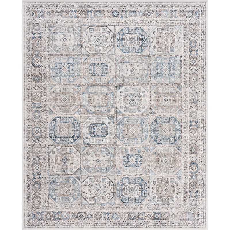 Tapis oriental en polypropylène et polyester Saxton, beige | Bleu, Rectangle 7'11'' x 9'11''