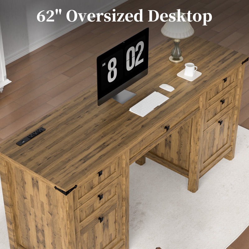 61.8" Modern Farmhouse Executive Desk, Brown