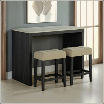 Ensemble de salle à manger à deux tons de style transitionnel noir 3 pièces table 2X tabourets capitonnés beige sièges salle à manger
