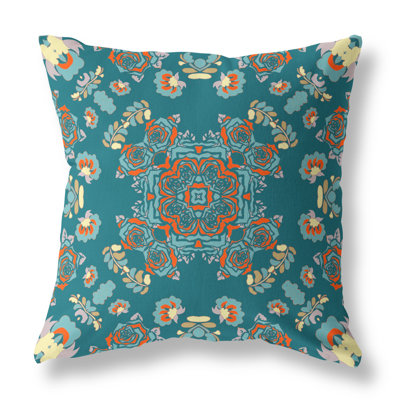 20" X 20" Green And Red Broadcloth Floral Throw Pillow