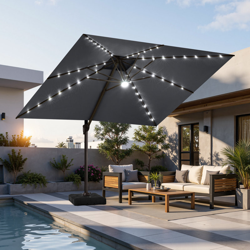  Parasol de patio en porte-à-faux 11 pi x 11 pi à DEL avec base en contrepoids, Gris foncé