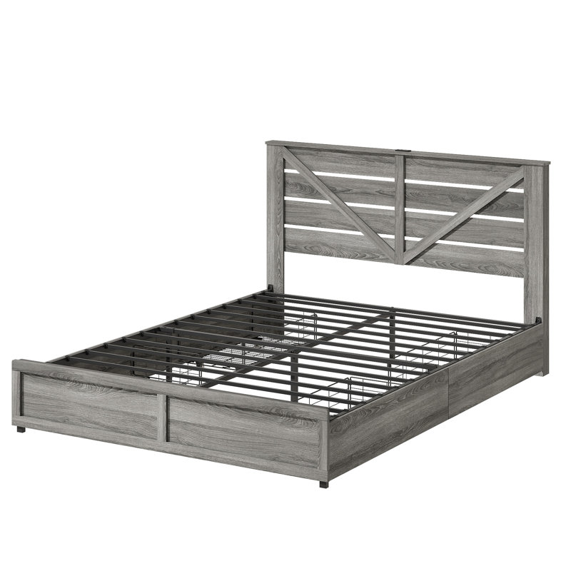 Structure de lit avec tête de lit avec rangement (4 tiroirs de rangement sur le corps du lit et éclairage DEL) - Plateforme de support de matelas en métal antidérapante et sans bruit + Base de lattes en métal robuste