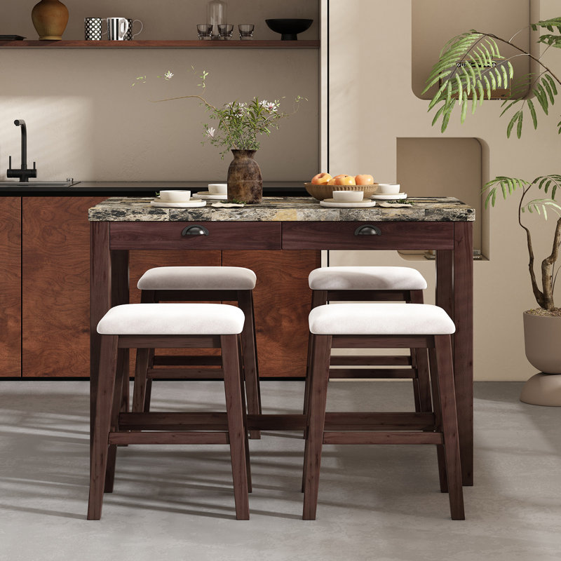 Ensemble de table de salle à manger, table de cuisine moderne à hauteur de comptoir et chaises avec tiroirs de rangement, 5