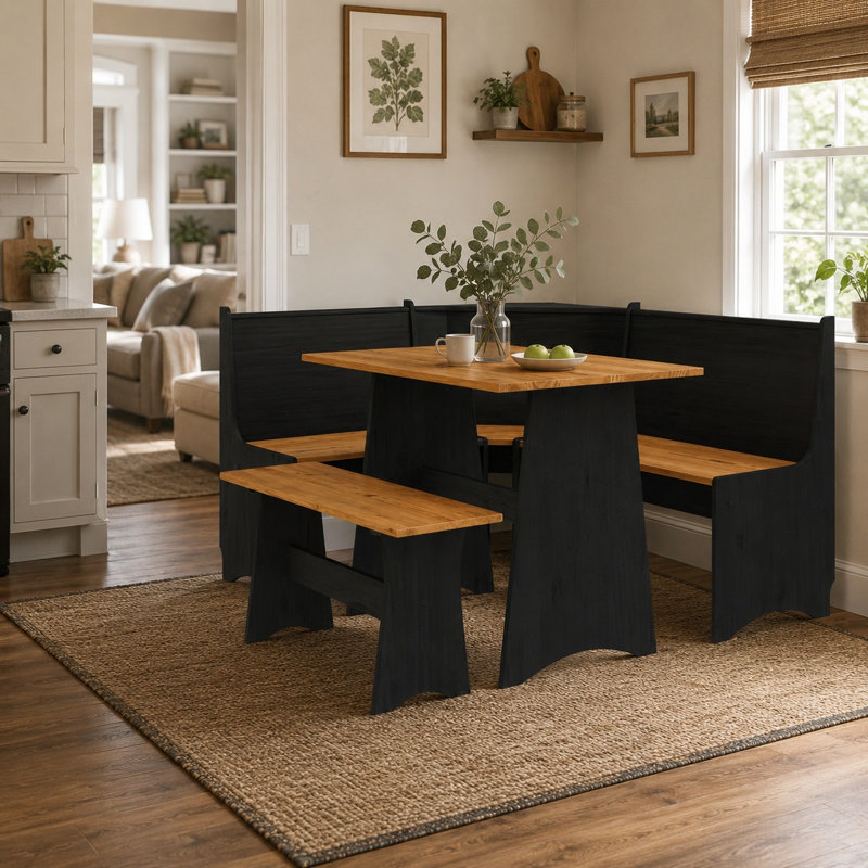 Ensemble de chaises de coin-repas de coin-repas avec rangement et rangement en L pour salle de bain familiale, Noir/chêne