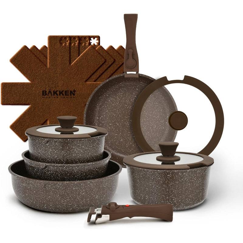 Batterie de cuisine en granit antiadhésif de 15 pièces avec casseroles, poêles, poignées et couvercles en verre, Pfoa, Pfos, sans PTFE, allant au four jusqu'à 500 ° F, gris foncé