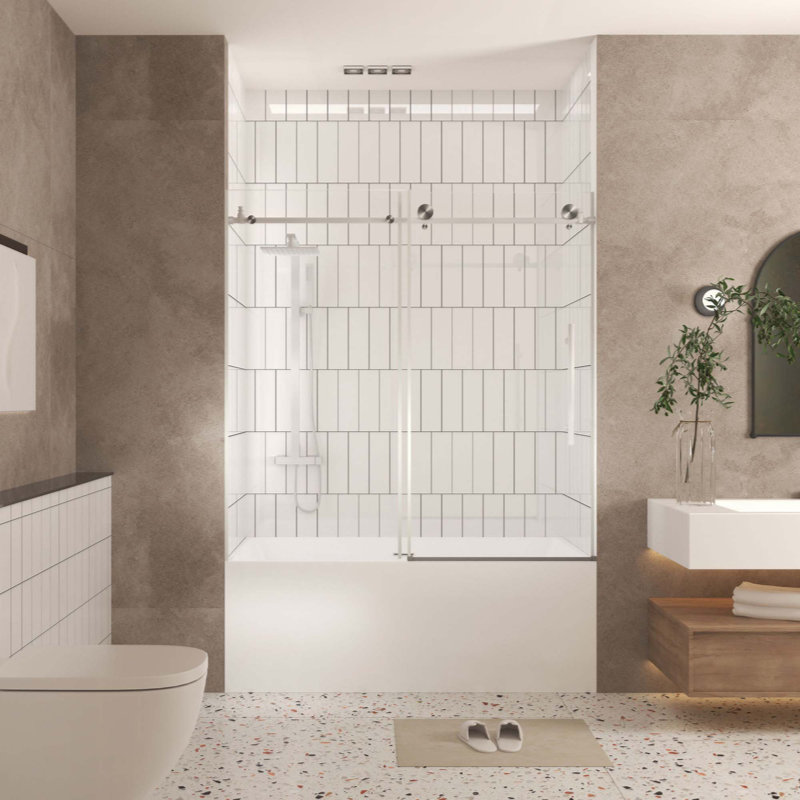 Frameless Shower Door, 1/4 "(6 Mm) Clear Tempered Glass, Explosion Proof Film, Stainless Steel Handle, Brushed Nickel