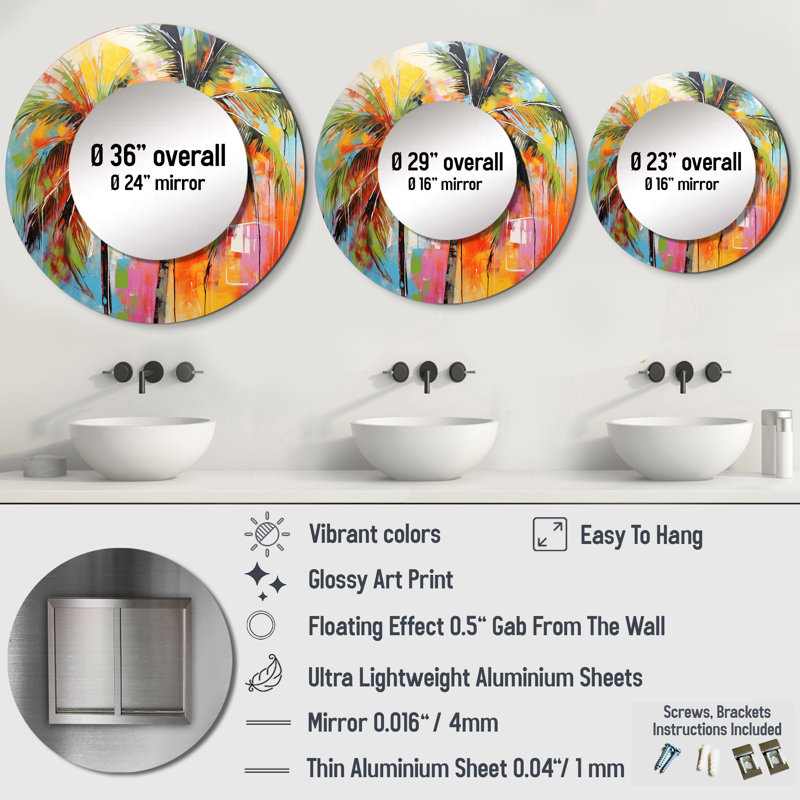 Sayesha Popart Palm Trees I - miroir mural Palms, miroir décoratif rond traditionnel, impression d'art en métal