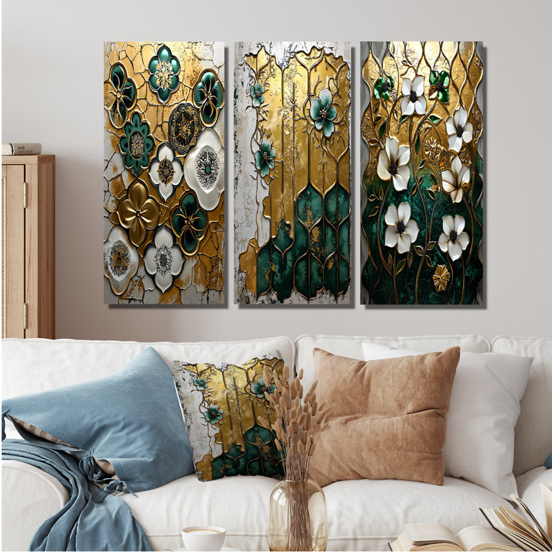 Carreaux floraux verts et marocains I - Collection d'art mural marocain 3 panneaux, H 28 po x l 36 po, Toile tendue