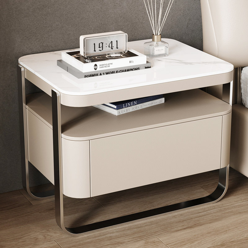 H 20,47 po x l 15,75 po Table de chevet carrée blanche à coins ronds avec structure en acier inoxydable et rangement double couche