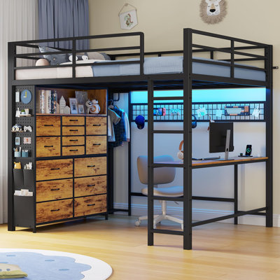 Full Size Loft Bed With Desk,14 Storage Drawers & Power Outlet, Full Loft Beds With Led Lights, Pegboard, Metal Loft Bed With Safety Guardrail & Ladder, Space Saving For Teens