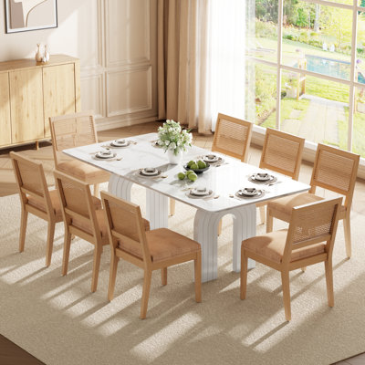 Ensemble de table et de chaises de salle à manger rectangulaires en rotin rembourré, 198 cm (78 po), style ferme mi-siècle, pour coin repas dans la cuisine.