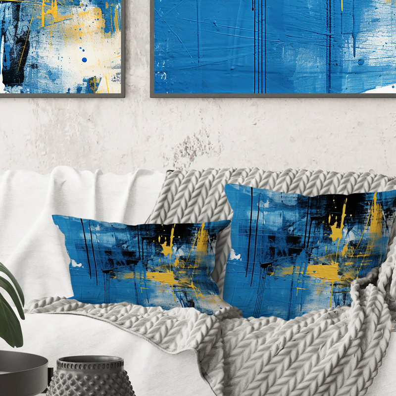 Coussin Bliss Of Happiness en jaune et bleu - Collages abstraits imprimés
