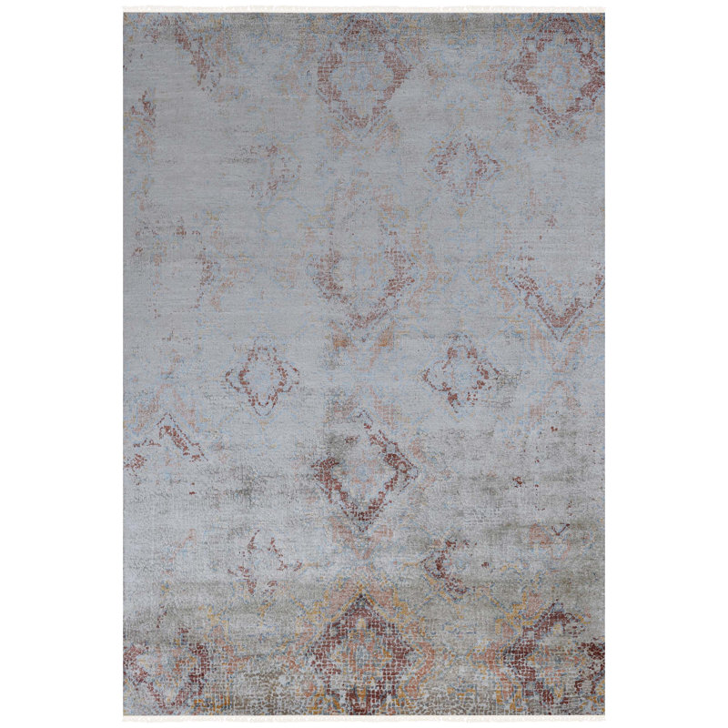 Tapis rectangulaire gris / rouille en laine / viscose noué à la main, Rectangle 6 pi x 9 pi