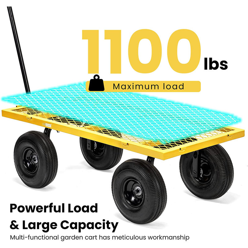 Yellow Heavy-Duty Steel Garden Wagon with Pneumatic Tires