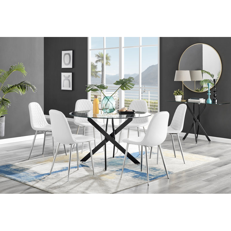Tierra Modern Chrome Metal & Glass Round Dining Table Set with 6 Luxury Faux Leather Chairs, White