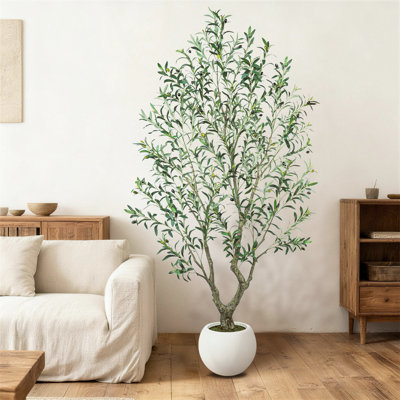 Artificial Olive Tree with White Planter, 5 ft / 6 ft / 7 ft Faux Indoor Tree Modern Minimalist House Mediterranean Decor for Home Office Bedroom Living Room Entryway