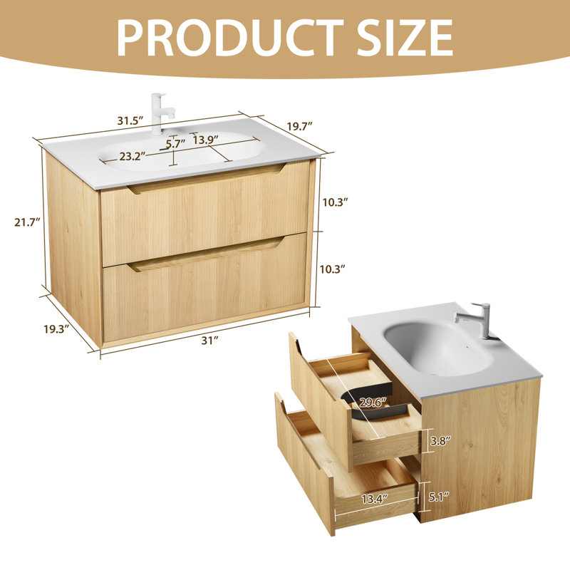 Meuble-lavabo flottant de 32 pouces avec lavabo, pré-assemblé, façade en chêne naturel à texture quadrillée, bois massif multicouche, fixation murale, plateau en pierre blanche, 2 tiroirs à fermeture en douceur