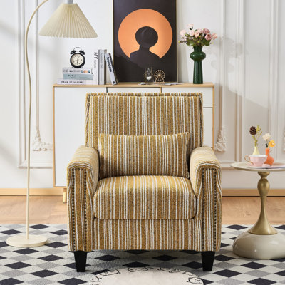 Fauteuil confortable à rayures jaunes et blanches, pour chambre, bureau, mousse haute densité, bois de pin massif, salon, appartement, pin massif, mousse
